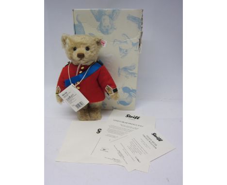 A boxed Steiff 664168 Prince William articulated mohair teddy bear, button and white tag to ear, with certificate, box torn, 