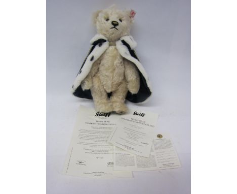 A Steiff 664250 Diamond Coronation articulated mohair teddy bear, button and white label to ear, with certificate, 27cm tall 