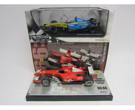 Two boxed Hot Wheels Racing 1:18 scale diecast Formula 1 racing cars to include limited edition Michael Schumacher 66 All-Tim