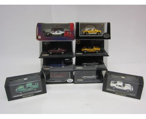 Ten assorted perspex cased 1:43 scale diecast cars to include two Paul's Mini Art Minichamps Melkus RS 1000 in green and whit