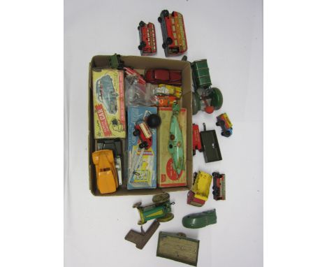 Assorted boxed and loose playworn tinplate toys including Sutcliffe Sea Wolf submarine, Chad Valley Remote Control Car, Russi