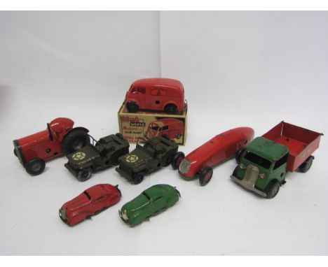 A boxed Tri-ang Minic plastic clockwork Royal Mail Van with key, together with seven unboxed Minic tinplate clockwork vehicle