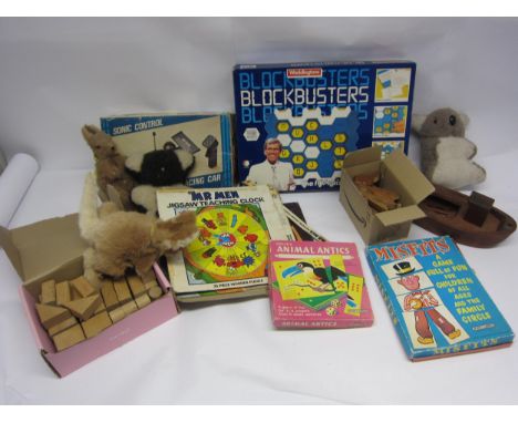 Mixed toys and games including Chad Valley Koalas, Kangaroo soft toys, Sonic Control Racing Car, Tente wooden cargo ship and 