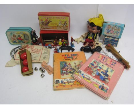 Assorted vintage toys and games including Pinnochio Pelham Puppet, Crescent Cowboys &amp; Indians lead figures, magic and nov