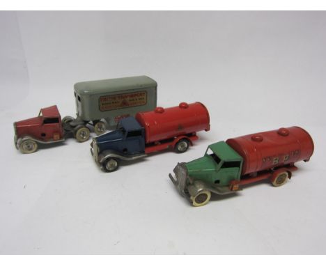 Three unboxed Triang Minic tinplate clockwork vehicles to include pre-war 30M Mechanical Horse with red cab, grey back, Shell