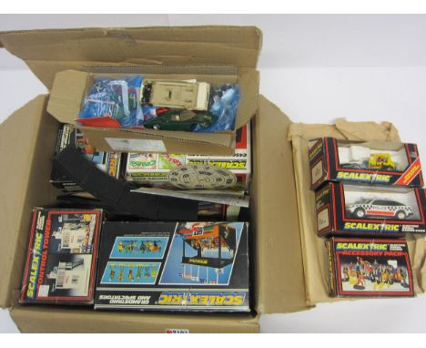 Assorted Scalextric slot racing items including boxed C362 Police Car with roof light and C286 Fenderbender Super Stox, Lapco