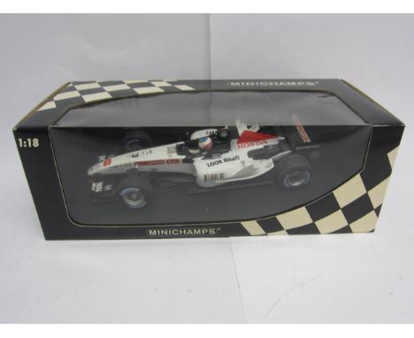 A boxed Paul's Model Art Minichamps 1:18 scale diecast B-A-R Honda 007 J. Button 2005 Formula 1 racing car 