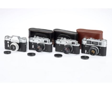 Four Soviet Era 35mm Cameras, to include a Zenith 3m, body G-VG, shutter working, 1/30s too slow, with Industar-50 50mm f/3.5