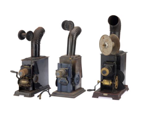 A Collection of 3 35mm Childrens Movie Projectors, comprising of a tinplate projector with a brass lable for 'G. B. N' Gerbru