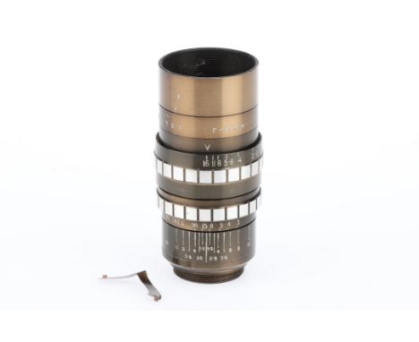 A Dallmeyer 51mm f/1.9 TV Camera Lens, black / brass, body G, single aperture blade is removed from lens, still present with 