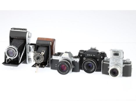 A Selection of Various Cameras comprising an Ensign Selfix 820 medium format folding camera with a Ross Xpres f/3.8 105mm len