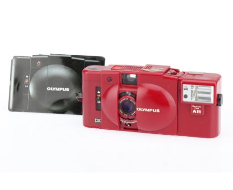 An Olympus XA3 Red Edition 35mm Compact Camera, red, body VG, shutter working, with A11 Flash, unit working, with instruction
