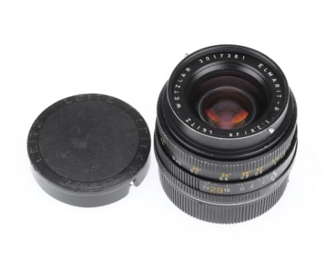 A Leitz Elmarit-R f/2.8 28mm Lens, 3-Cam, black, serial no. 3017361, body, F, elements, F-G, some internal haze and marks to 