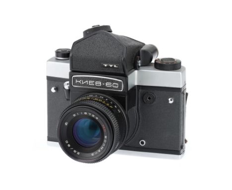 A Kiev 60 Medium Format SLR Camera, chrome, body G-VG, shutter working, with a Volna-3 80mm f/2.8 lens, optics G-VG, some lig