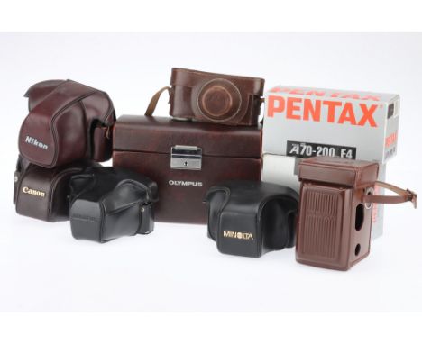 A Collection of Various Camera Cases IR 716905, comprising ever ready cases from Canon (AE-1 P/S), Leica (screw), Nikon (CF-2