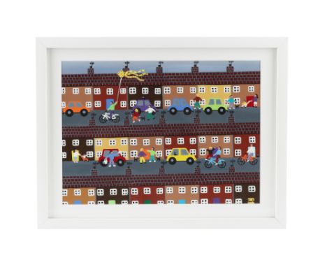GORDON BARKER (b.1960), acrylic on board 'In the Street, Playing', signed lower right, 25 cm x 34.5 cm, framed &amp; glazed