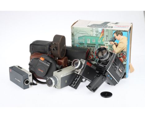 A Selection of Super 8 Cine Movie Cameras IR 343656, comprising a Chinon 805S Direct Sound camera with microphone, instructio