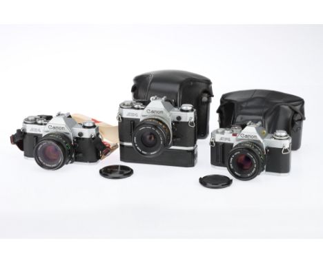 A Selection of Canon 35mm SLR Cameras, to include a Canon AE-1, body G, shutter fires but mirror doesn't return when batterie