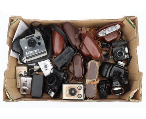 A Tray of Various Cameras including an Agfa Super Silette and a Braun Super Paxette 35mm rangefinder cameras, a Bencini Korol