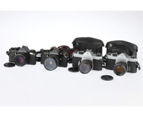 Four Pentax 35mm SLR Cameras, to include a Pentax Spotmatic SP II, body G-VG, shutter working, speeds 1/15s &amp; below far t