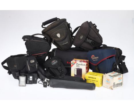 A Collection of Accessories and Camera Bags including an Opteco Auto Tele f/2.8 135mm M42 lens, a Miranda 730 TCD electronic 