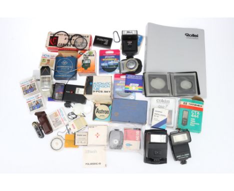 A Collection of Filters and Flash Accessories including filters from Hoya and others, electronic flashguns from Canon, Rollei