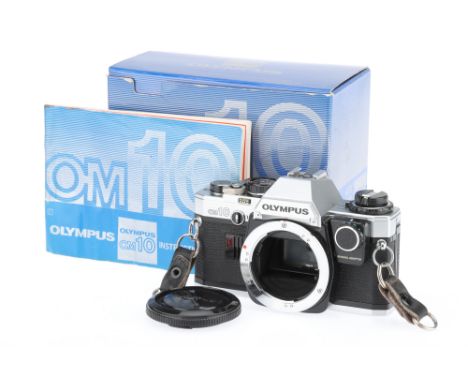 An Olympus OM10 35mm SLR Body IR 799933, chrome, 1979, serial no.2411312, tested as working, body G, scuffs to baseplate, wit