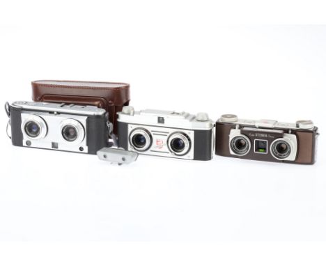 Three Stereo 35mm Stereoscopic Cameras, to include an Iloca Stereograms camera, body G-VG, shutter working, speeds below 1/25