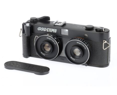 A Fed Stereo 35mm Stereoscopic Camera, black, body G-VG, shutter fires without batteries inserted, not tested with batteries,