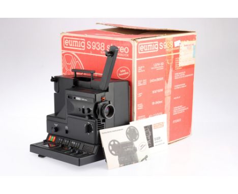 Eumig S938 Stereo Super 8 Sound Projector, body G, unit powers on when connected to power, lamp illuminates when in play mode