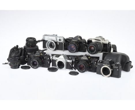 A Selection of 35mm SLR Cameras, to include a Canon AE-1, black, body G, shutter working when batteries are inserted, togethe