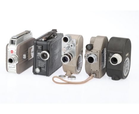 Five Clockwork Motion Picture Cameras, to include a Bell &amp; Howell 605, body G-VG, winds &amp; runs, optics G, together wi