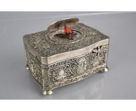 A German Silver Singing Bird Automaton Music Box in the manner of Karl Griesbaum, The Box of Casket Form Profusely Decorated 