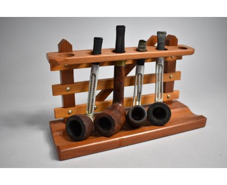 A Mid/Late 20th Century Novelty Pipe Rack in the Form of a Three Bar Gate Containing Four Vintage Pipes, 25cms Wide 