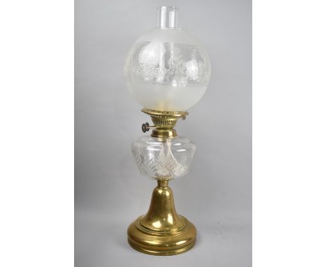A Late Victorian/Edwardian Brass Oil Lamp with Cut Glass Reservoir, Globular Shade and Plain Chimney, 58cms High overall 