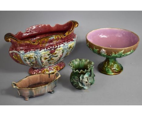 A Collection of Various Majolica to comprise Pedestal Bowl, Twin Handled Dish, Planter, Twin Handled Dish and a Further Vase 