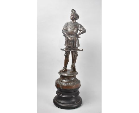 A Bronzed Spelter Figure of a Medieval Soldier with Crossbow on Double Turned Socle, 48cms High 