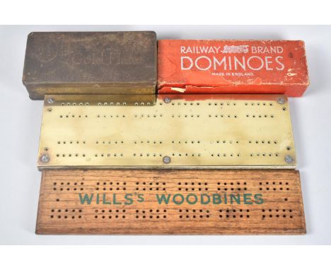 A Brass Cribbage Board, a Wooden Wills's Woodbines Example and Two Sets of Dominoes, Railway Brand and Rothman's Gold Flake N