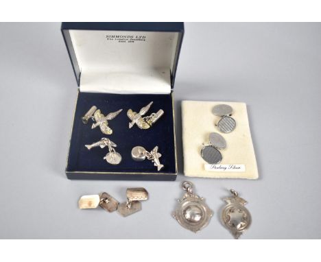 A Collection of Cufflinks to Comprise Two Pairs of Engine Turned Silver Cufflinks, a Novelty Pair of Silver Examples in the f