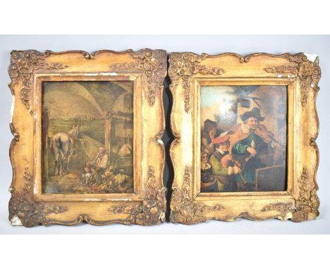 A Pair of 19th Century Overpainted Prints on Copper, One Depicting Musicians in Street, the Other Stable Scene, Each Panel 16