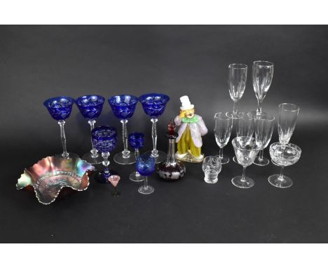 A Collection of Various Glass to comprise Bohemian Blue Overlaid Glass Hocks, Nice Quality Bohemian Overlay Glass Wine, Sherr