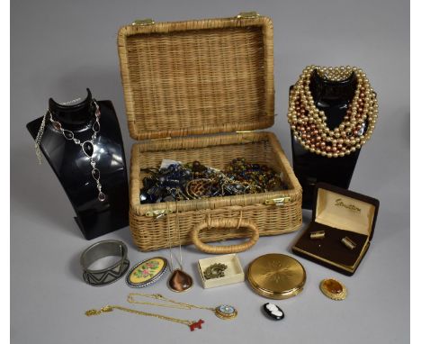 A Smaller Wicker Hamper Containing Various Jewellery, Cufflinks, Powder Compact etc 