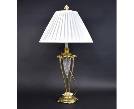 A Modern Gilt Brass and Glass Table Lamp of Two Handled Vase Form complete with Shade, 84cms High 