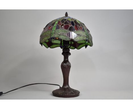 A Reproduction Tiffany Style Table Lamp with Jewelled Shade, 47cms High 