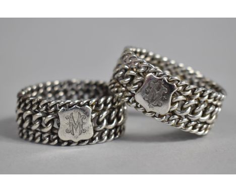 Two Silver Chain Link Napkin Rings with Shield Plaques Inscribed 'M', 61g, Birmingham Hallmark 