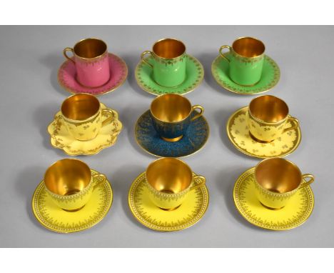 Three Royal Worcester Cups and Saucers on Yellow Ground with Gilded Interior and Jewelled Decorated together with a Further E