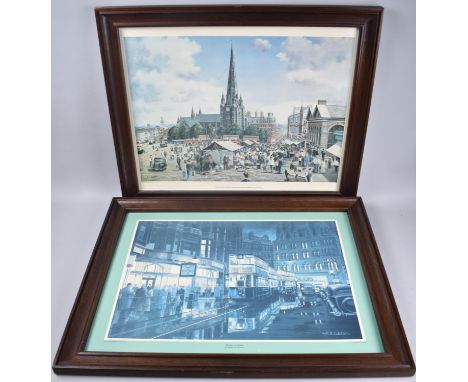 Two Framed Prints, The Old Bull Ring and Trams at Night by Robert K Calvert, 50x37cm 