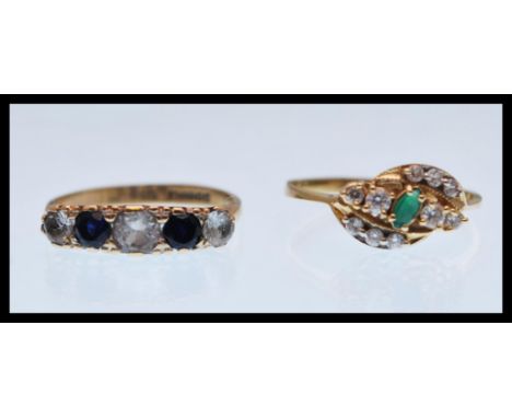A hallmarked 9ct gold ring set with blue and white stones (hallmarked Birmingham, size O) along with a 9ct gold ring set with