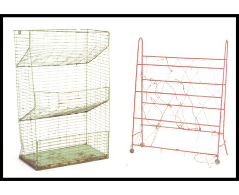 A vintage retro 20th Century wire mesh three tier vegetable rack together with a metal coated multiple tiered towel rail.&nbs