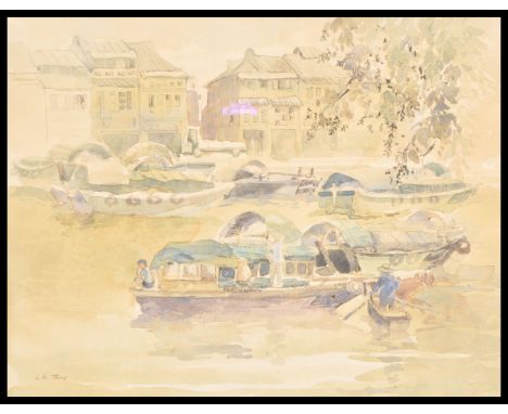 L. K. Tan - A 20th Century watercolour painting on paper depicting a water scene with floating barge boats in front of a row 